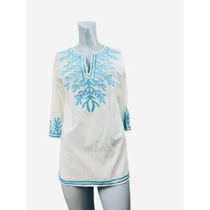 Women's S Gretchen Scott Designs White Tunic Embroidered Coral Design 3/4 Sleeve